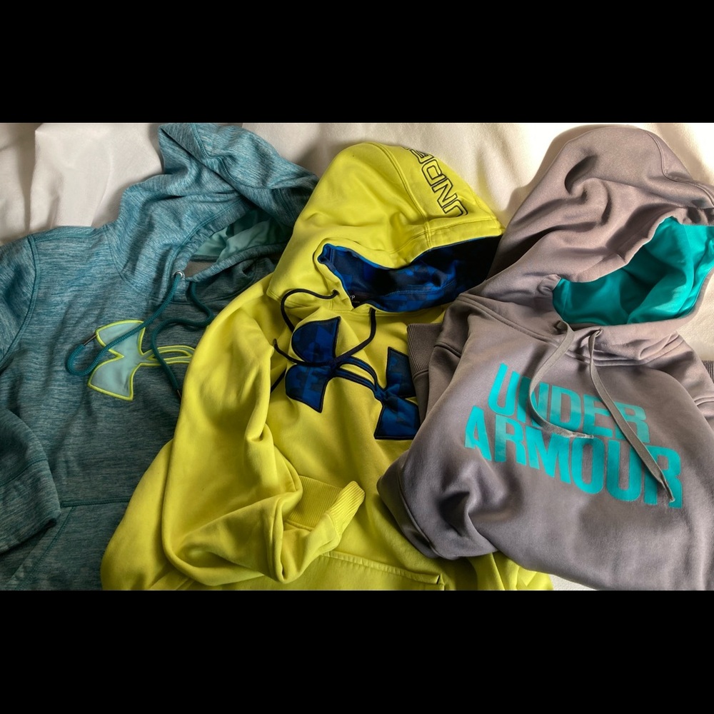 3 Youth Under Armor hoodies- Lime Green & Teal are YS - Grey is YM